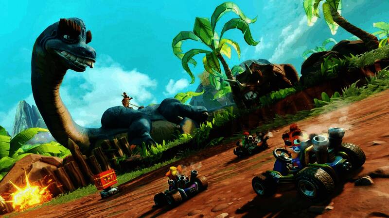 《古惑狼赛车：氮气加速》游戏内高速飞驰的赛车场景，背景充满未来感赛道特效