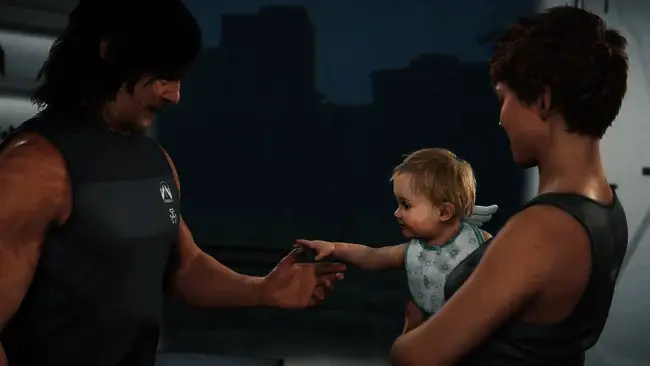 《死亡搁浅2》游戏画面截图，主角在荒原中前行，天空呈现奇异光影效果