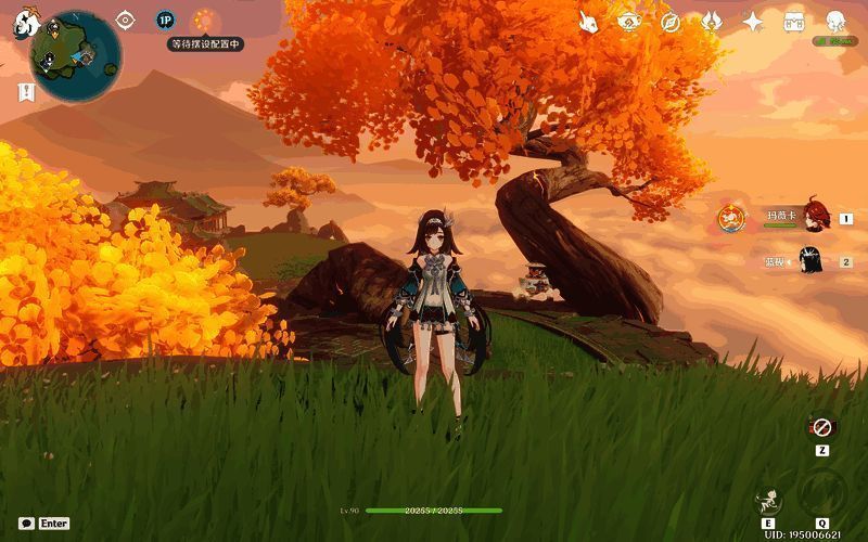 角色沿浮桥前行，远处可见壶灵阿嘟静静等候在桥头