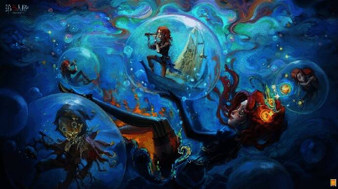 伯伦希尔·危鲁弗站在绵羊群岛上仰望星空，周围雾气弥漫，背景隐约浮现古老船只的幻影