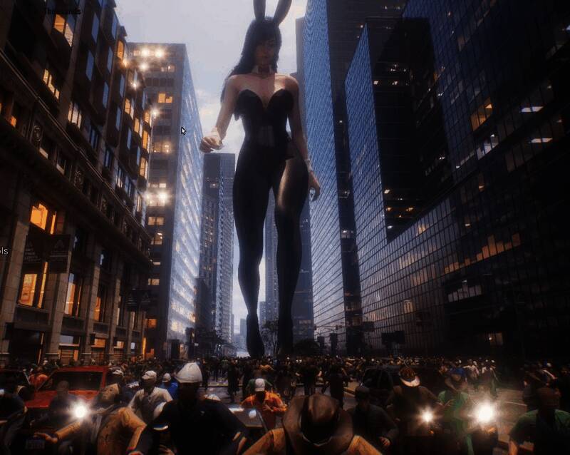 游戏中巨人少女俯视城市的全景视角，阳光洒在废墟之上，远处浓烟滚滚，展现出末日般的壮阔景象