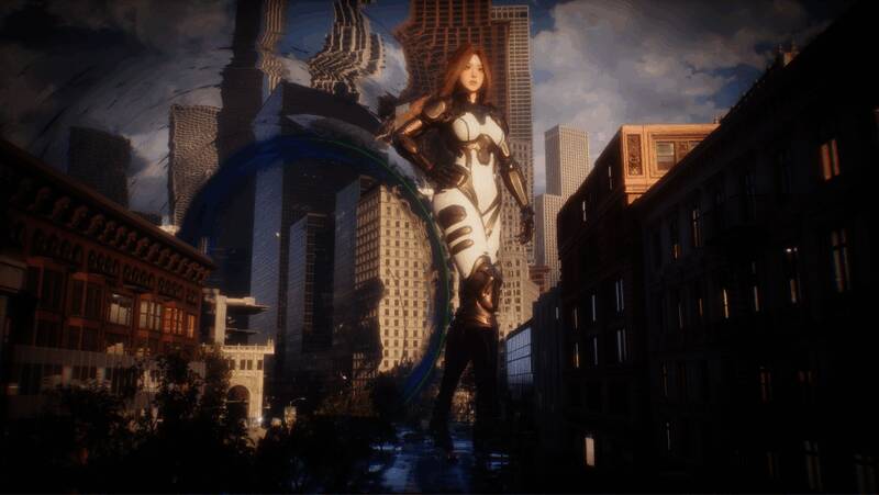 巨人一脚踩塌停车场的瞬间，车辆如玩具般被压扁，碎片四溅，画面极具动态张力