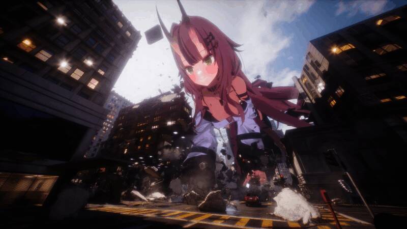 巨人少女低头看向地面，脸上带着轻蔑微笑，周围是惊慌逃窜的微小人类