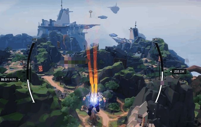 玩家操控角色开启喷气背包，在空中进行水平飞行的视角画面