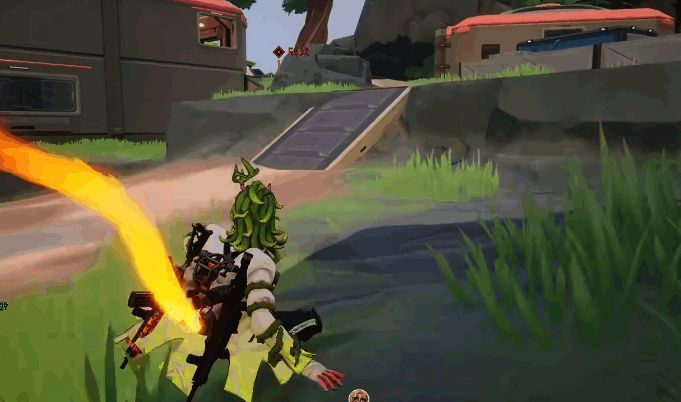 玩家使用能量弹力板从地面弹射升空，进入短暂飞行状态