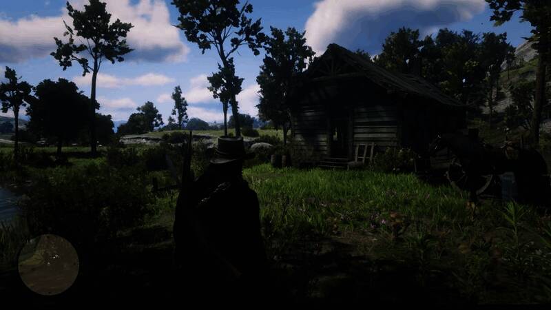 翡翠牧场上方的诡异小屋外观，夜晚灯光昏暗，周围雾气弥漫，充满神秘氛围