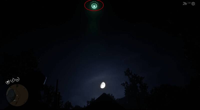 玩家角色站在屋外仰望天空，UFO正在缓缓上升，背景星光点点