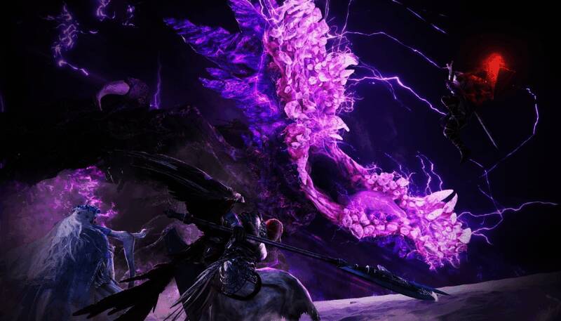 《艾尔登法环：黑夜君临》中全新Boss格诺斯塔的全身特写，身躯由黑色触须与发光虫眼构成，悬浮于夜空之下，散发诡异紫光