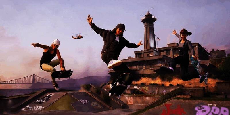 《托尼霍克职业滑板3+4》游戏画面，展示角色在滑板公园完成高难度特技的动作瞬间