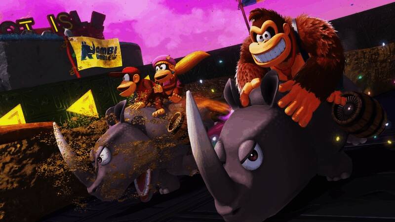 《咚奇刚：蕉力全开》游戏画面，咚奇刚在丛林中攀爬跳跃，背景充满热带风情与机械装置