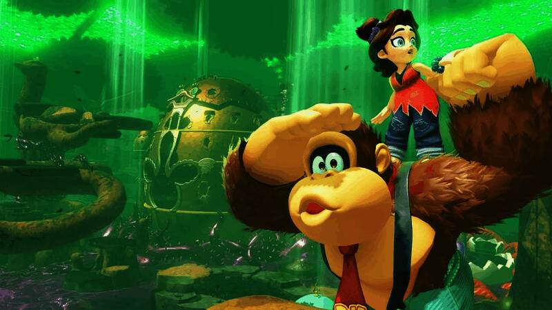 任天堂开发团队工作场景概念图，团队成员围绕屏幕讨论游戏设计，墙上挂着马里奥与咚奇刚的角色图