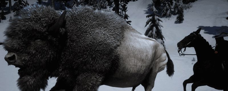 《荒野大镖客2》中传说白野牛在雪地环境中站立的远景画面，周围为森林与湖泊，氛围神秘