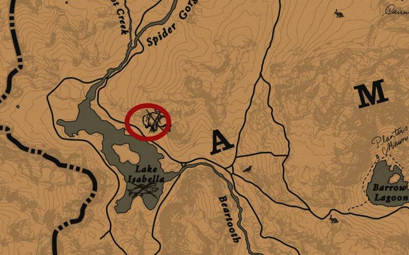 游戏地图截图显示伊莎贝拉湖上方的红点标记，清晰标注传说白野牛的具体位置