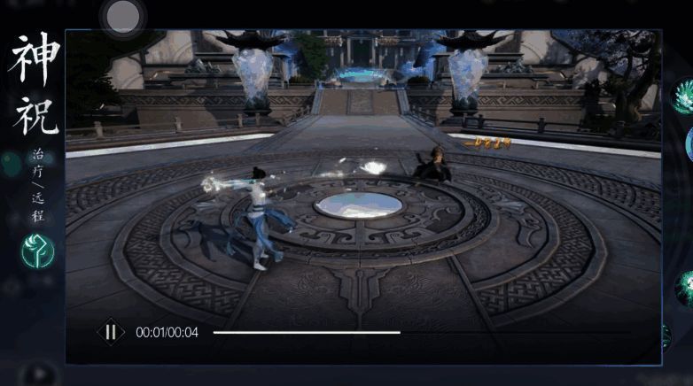 神祝释放花舞技能的战斗画面，角色旋转施法，花瓣与气流形成龙卷风，多名敌人被卷起浮空