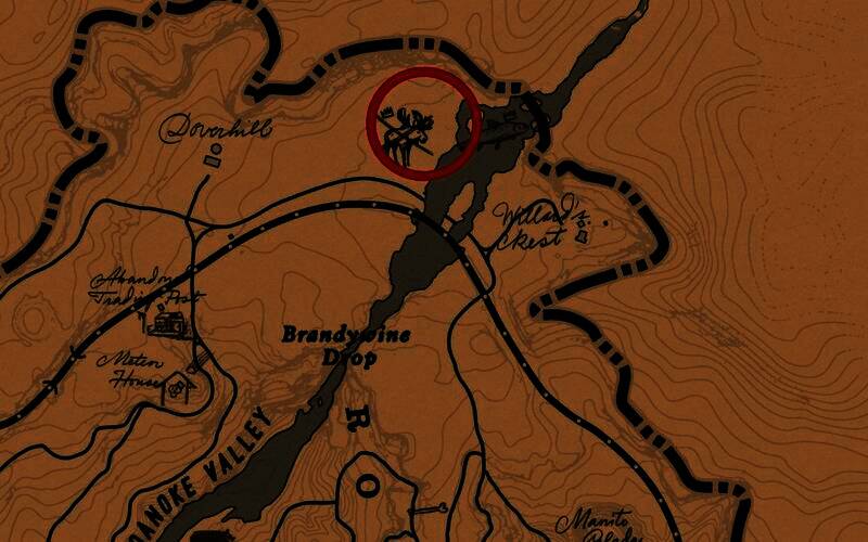 游戏地图标记出传说驼鹿的具体位置，红点位于整体地图右上角边缘，毗邻河流与瀑布