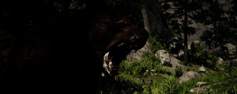 《荒野大镖客2》中传说灰熊巴拉蒂在雪地山林中咆哮的震撼画面，背景为格里兹山脉