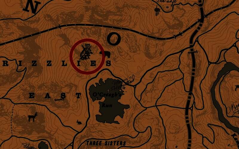 地图标注显示传说灰熊巴拉蒂在格里兹山脉的具体位置，红点标记于老兵小屋左上方