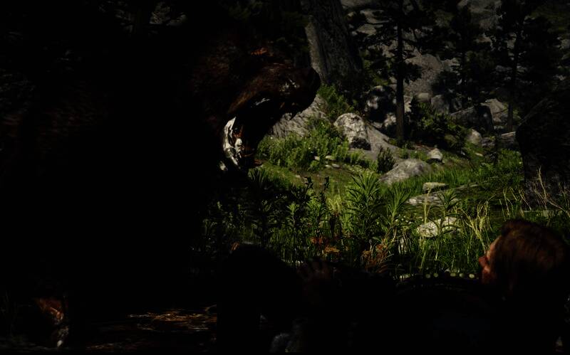 《荒野大镖客2》剧情画面：主角与何西阿在雪地中追踪大型野兽，气氛紧张