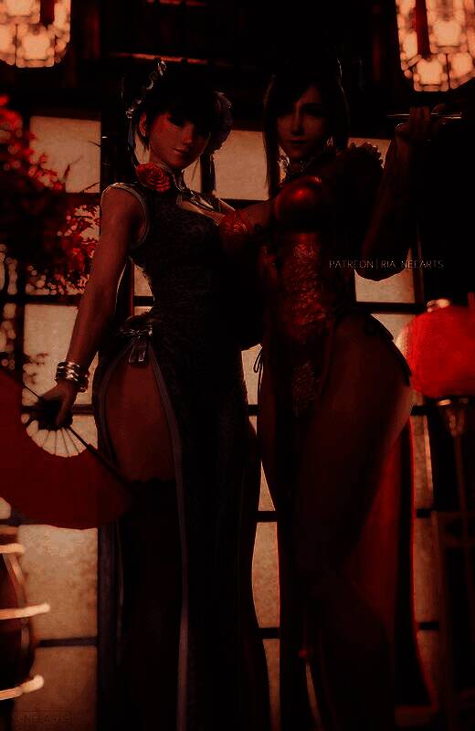 伊芙穿着蒂法的标志性服装，姿态优雅，细节精致，完美还原角色气质