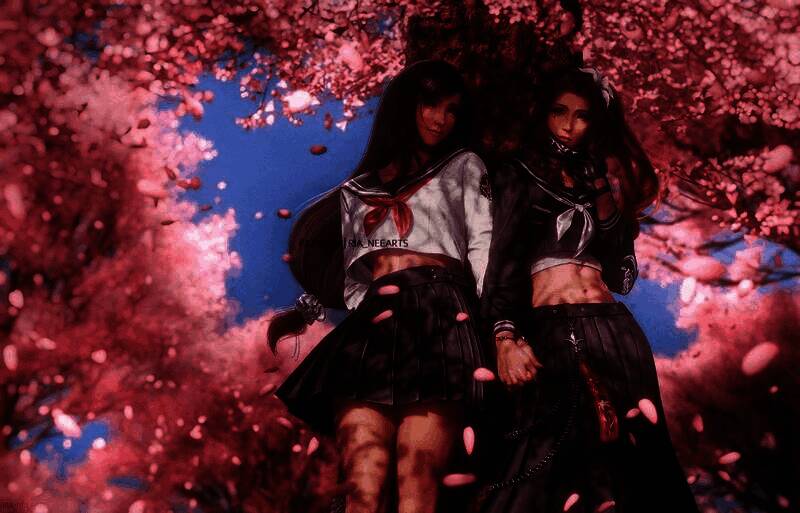 伊芙与蒂法并肩站立，服装互换后的对比画面，风格碰撞却和谐统一