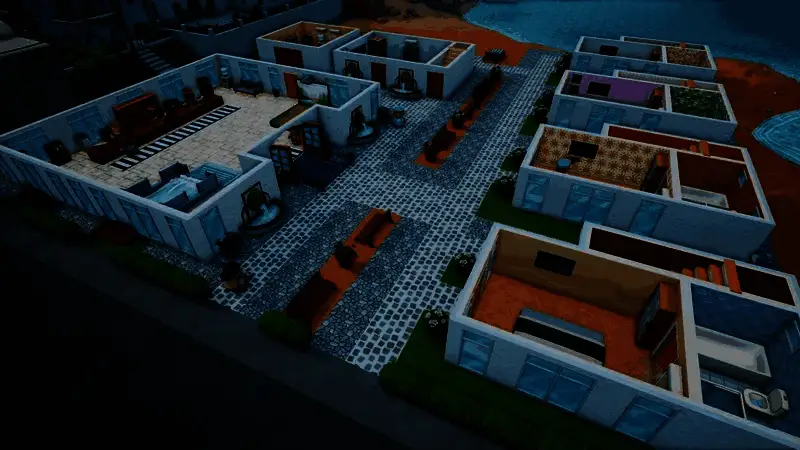 游戏中玩家设计的装饰艺术风格酒店内部，金色线条勾勒的墙面、复古吊灯与几何图案地毯营造出奢华氛围