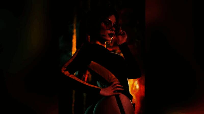 Sladkoslava侧身站立，展示晚礼服与潜水服两种造型的对比拼图，背景融合古典庄园与幽暗洞穴元素，象征劳拉的双重身份