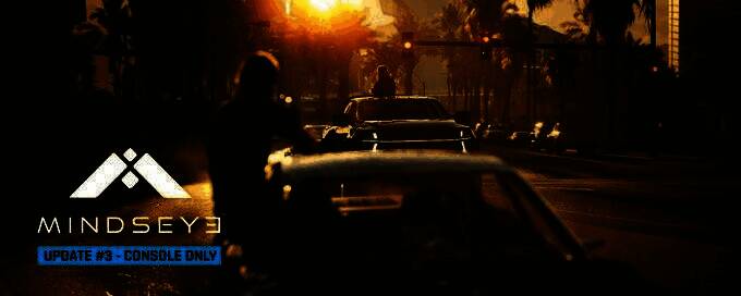 《MindsEye》游戏画面展示主角在城市废墟中潜行，周围光影效果逼真，环境细节丰富