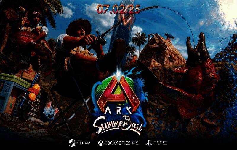 《方舟：生存飞升》夏季庆典场景，玩家在沙滩边与恐龙互动，空中绽放烟花，氛围欢快热闹