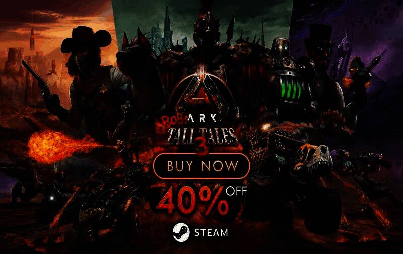 鲍勃DLC宣传图，主角鲍勃站在蒸汽火车前，背景是荒漠与飞艇，风格复古科幻