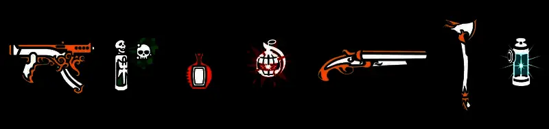 道具界面展示，左侧为武器栏，右侧为消耗品与防具，背景为昏暗的储物室