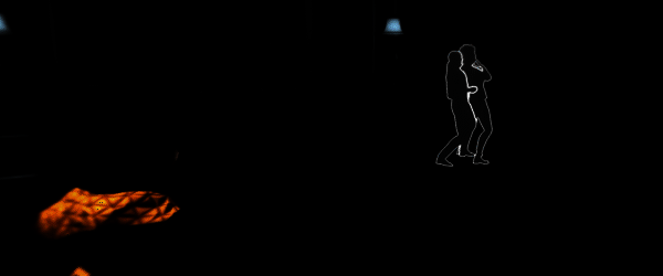 玩家开启聚焦模式，视野中地面浮现蓝色脚印，墙壁后传来模糊的脚步声波纹