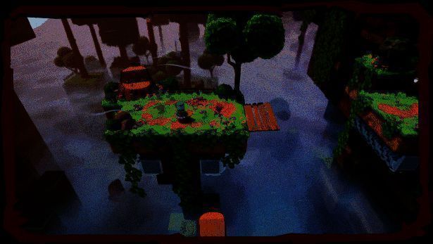 游戏实机画面，肉块在3D环境中飞跃旋转锯片阵列，身后留下粉红色残影，场景充满工业废土风格