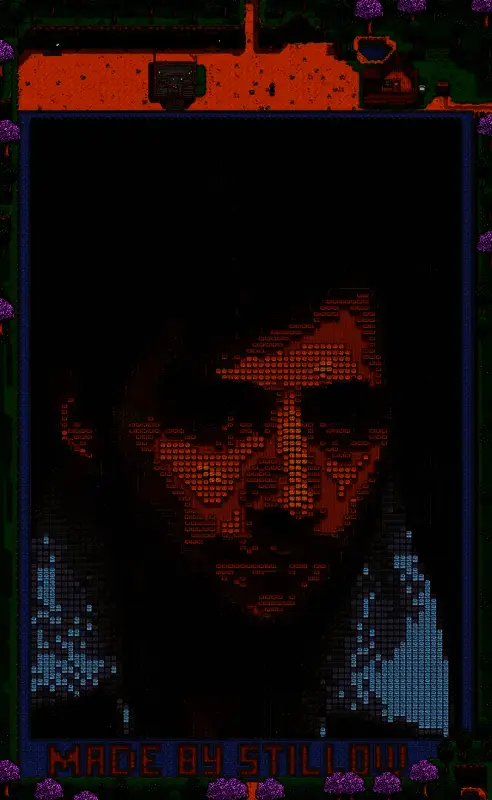 《星露谷物语》玩家用游戏内物品搭建的Eric Barone像素肖像全景，整体呈棕蓝渐变色调，细节丰富，极具艺术感