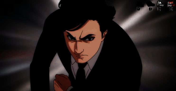 《女神异闻录：夜幕魅影》中反派角色木内雄之的游戏立绘，神情阴冷，身穿深色西装，背景为地铁站昏暗通道