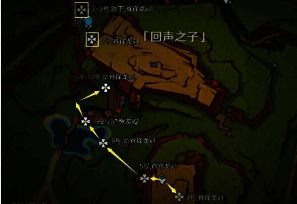 回声之子部落附近龙兽点位地图标记，红色图标清晰标注刷新位置及行进路径