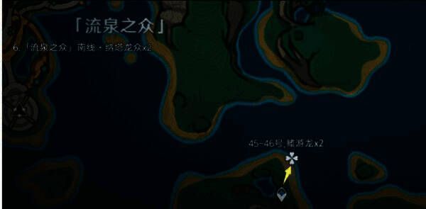 流泉之众南侧山谷龙兽分布图，路径蜿蜒穿过树林与溪流