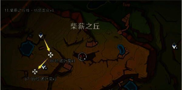 柴薪之丘主平台龙兽分布，标有中心营地与周边巡逻点