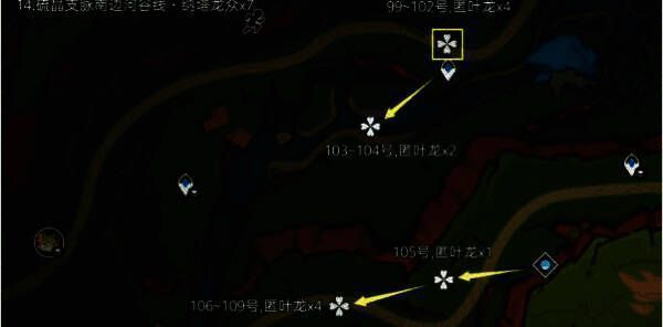 硫晶支脉南边河谷龙兽位置，沿河岸分布，背景为紫色晶簇