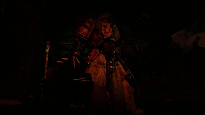 PvP新模式概念图，两名混沌星际战士在废墟城市中激烈交火，远处可见地狱兽的巨大身影缓缓逼近