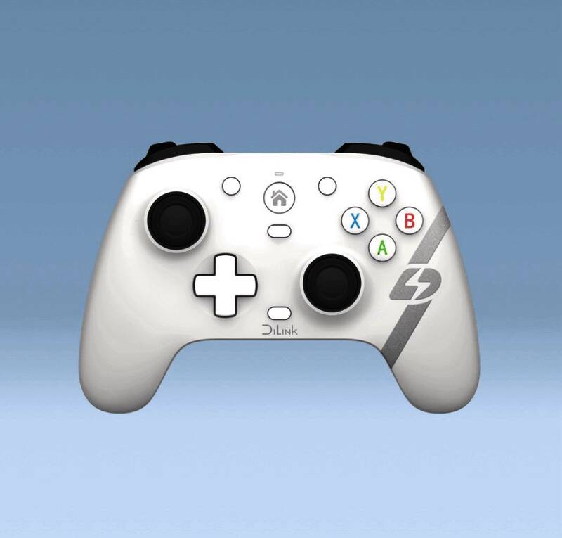 DiLink手柄细节特写，展示其摇杆、背键与震动马达布局，突出科技与实用性结合