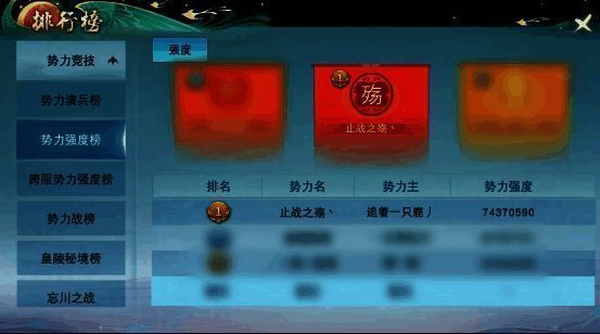 止战之殇势力成员群像截图，多人物角色站成一排，背景为《天下》手游主城九黎，气氛温馨和谐