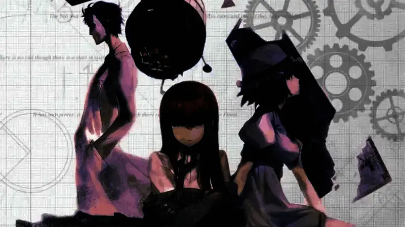 《命运石之门》艺术展区概念图，展墙上挂满角色插画与未来道具研究所的标志，中央摆放着发光的时间机器底座