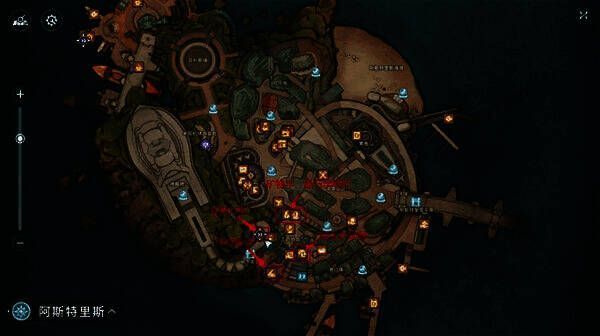 游戏内生活职业导师分布地图，标注了矿物学、植生学、晶石学等NPC位置