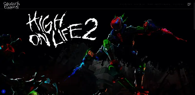 Squanch Games官网首页截图，页面展示High on Life 2的宣传横幅与开发日志入口