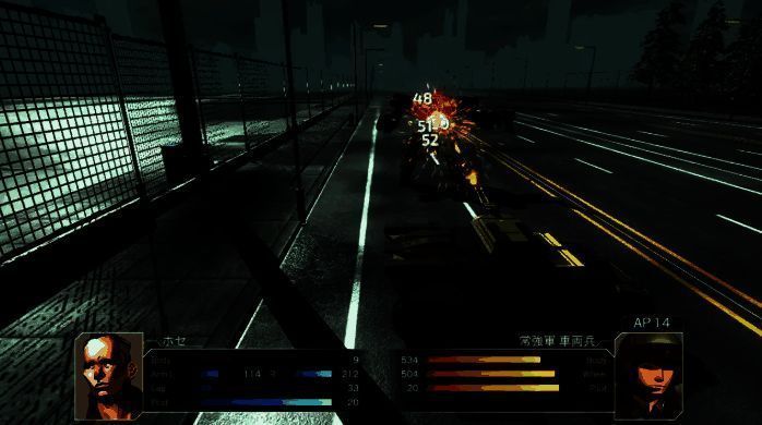 两名敌对机甲在雨夜中激烈交火，激光武器划破黑暗，场景氛围感强烈