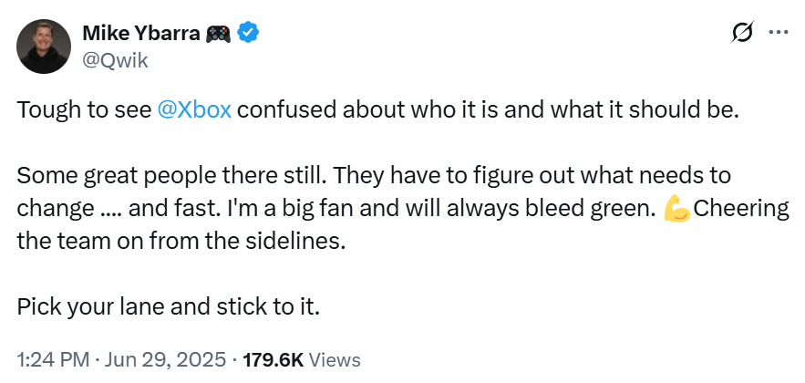前Xbox高管Mike Ybarra在社交媒体发言截图，表情严肃，背景为Xbox品牌标识与游戏画面