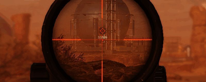 《绝地潜兵2》游戏中玩家远程瞄准敌人的画面，远处敌人位于开阔地带，视角拉远显示超远距离