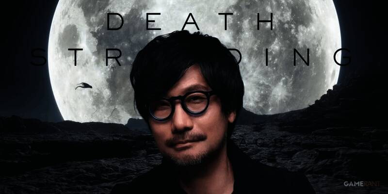 小岛秀夫在伦敦活动现场发言，背景为《死亡搁浅2》巨幅宣传图，现场灯光聚焦于他标志性的墨镜造型