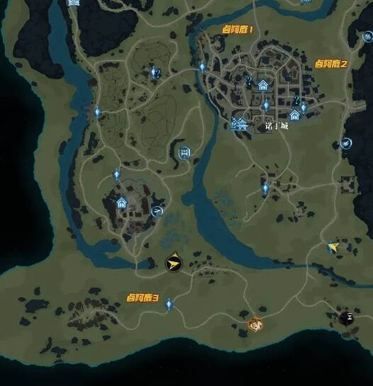 诺丁城地图标注第一只卤阿鹿位置，位于密林西部传送点左侧树林中