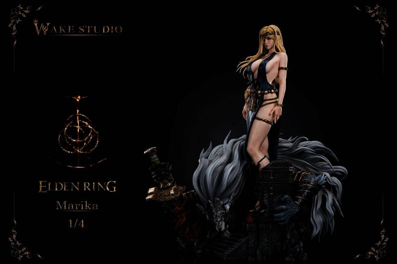 《艾尔登法环》玛莉卡1/4雕像正面展示，女神身披长袍，手持黑剑，立于光影交织的底座之上，细节精致